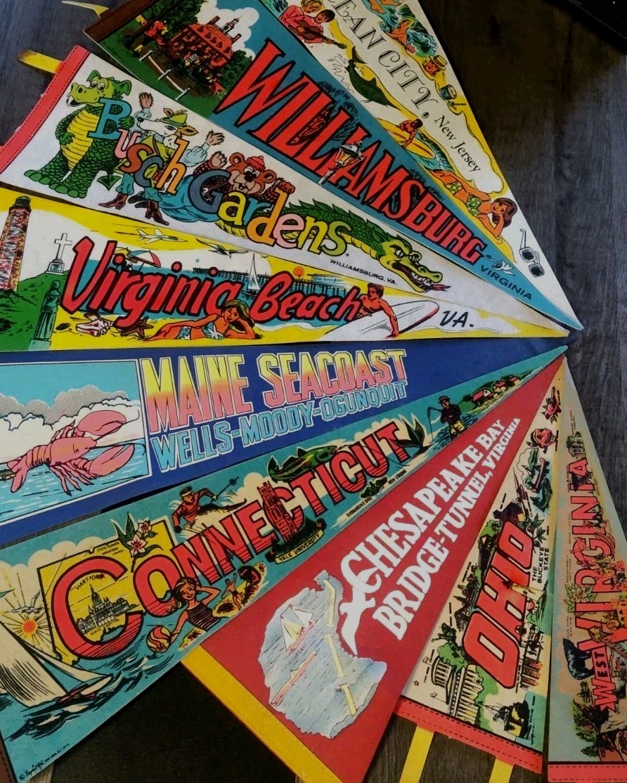 Vintage 1970s Souvenir Pennant Lot of 9 Busch Gardens Ocean City ME CT Virginia 