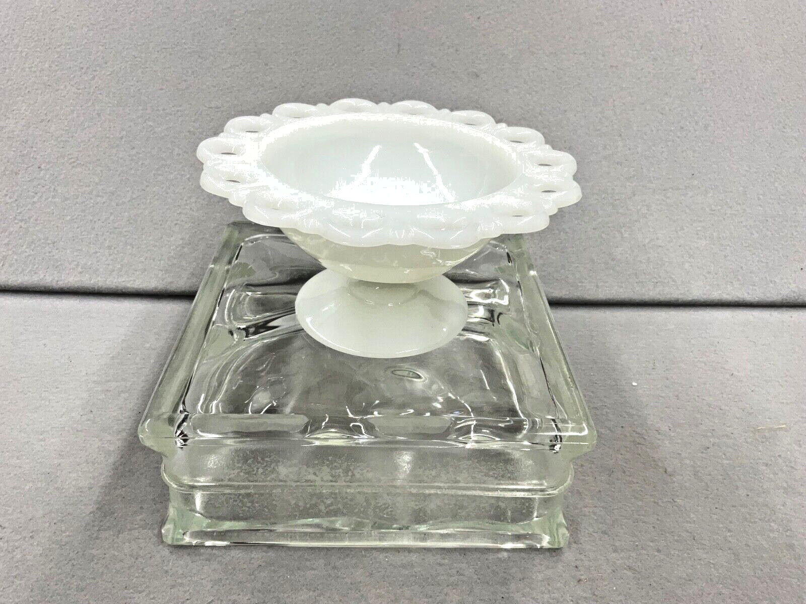 Milk Glass Pedestal Bowl Lace Edge Candy Nut Dish Vintage Crafting