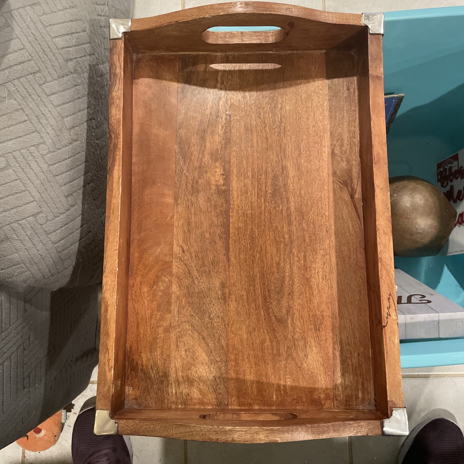 Vintage MCM Wood Serving Tray With Handles & Metal Corners Made In India