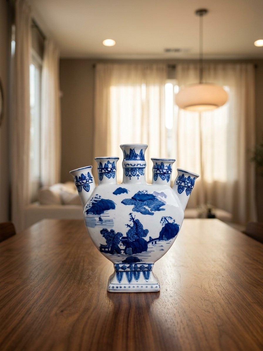 Vintage Blue and White Porcelain Tulipiere Vase 5 Finger Spout Landscape 11.5\