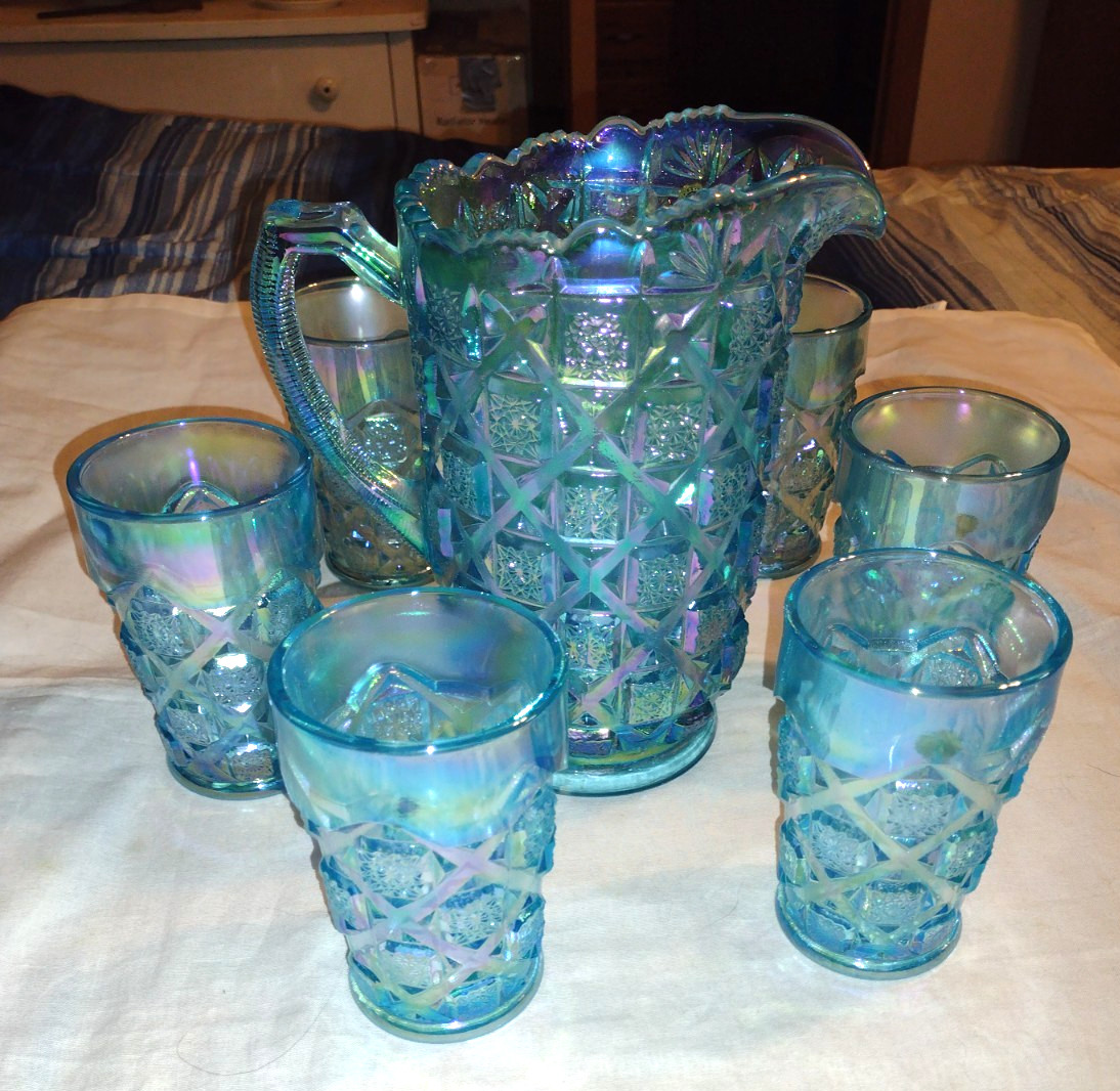 WESTMORELAND ICE BLUE CARNIVAL OLD QUILT CHECKERBOARD SET PITCHER AND 6 GLASSES