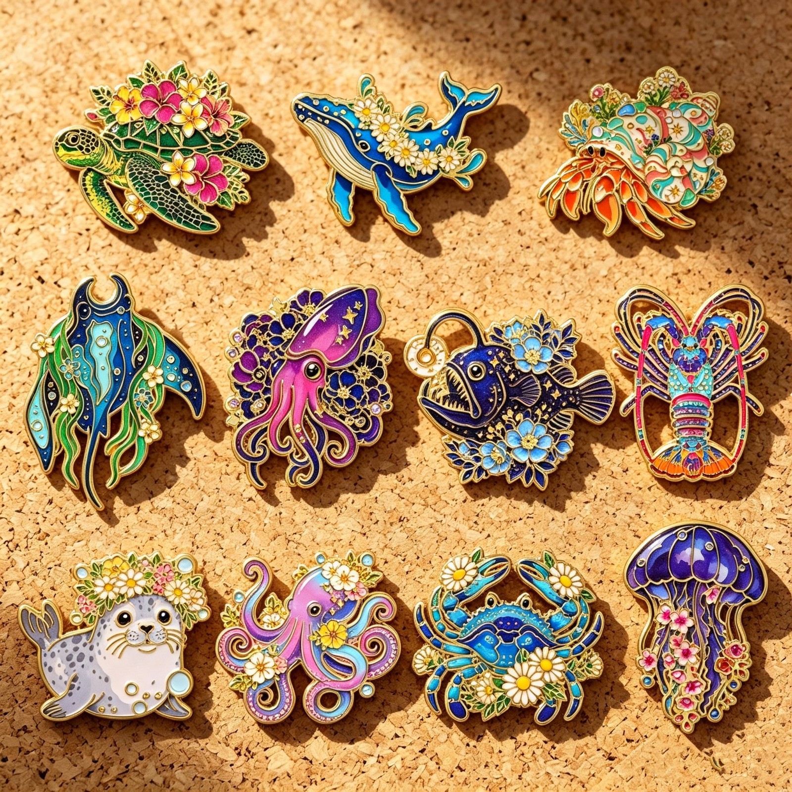11-Piece Enamel Floral Sea Animals Pin Badge Brooch Set 1.5 11-Piece Enamel Floral Sea Animals Pin Badge Brooch Set 1.5