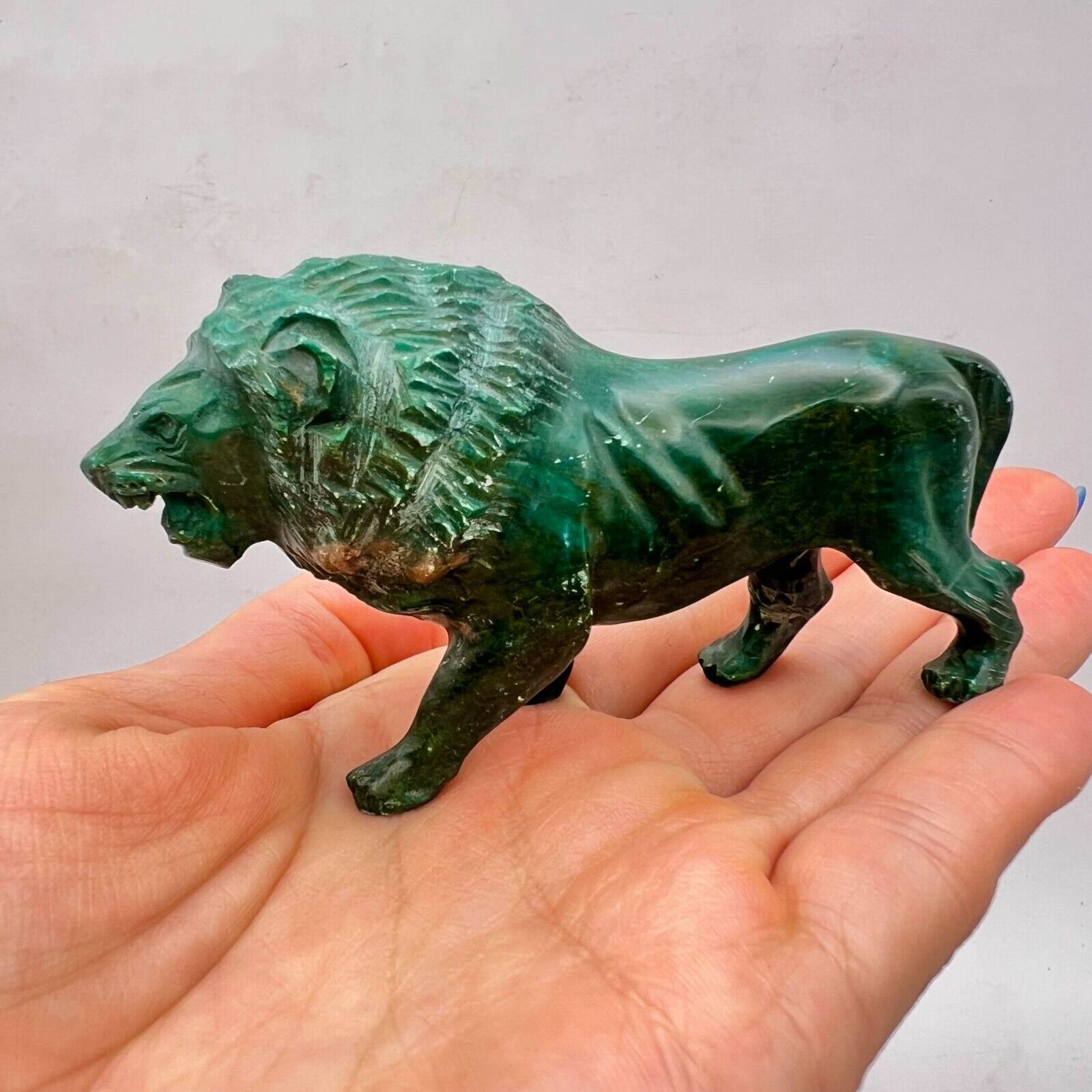 Vintage Hand Carved Figure Statue Wounded Lion Natural Gemstone Collectible