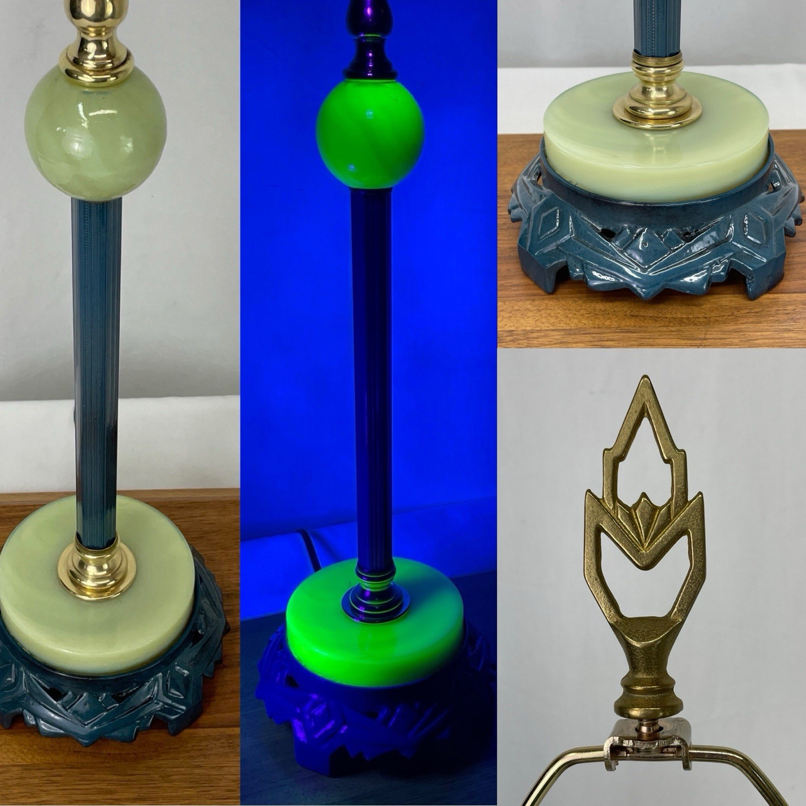 REWIRED Antique Vtg Uranium Vaseline Glass Table Lamp Art Deco Houze 1920s, Blue