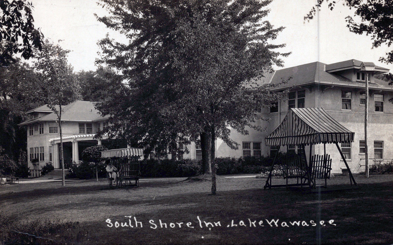 Lake Wawasee IN RPPC South Shore Inn Hotel Resort Porch Swings 1931 Postcard