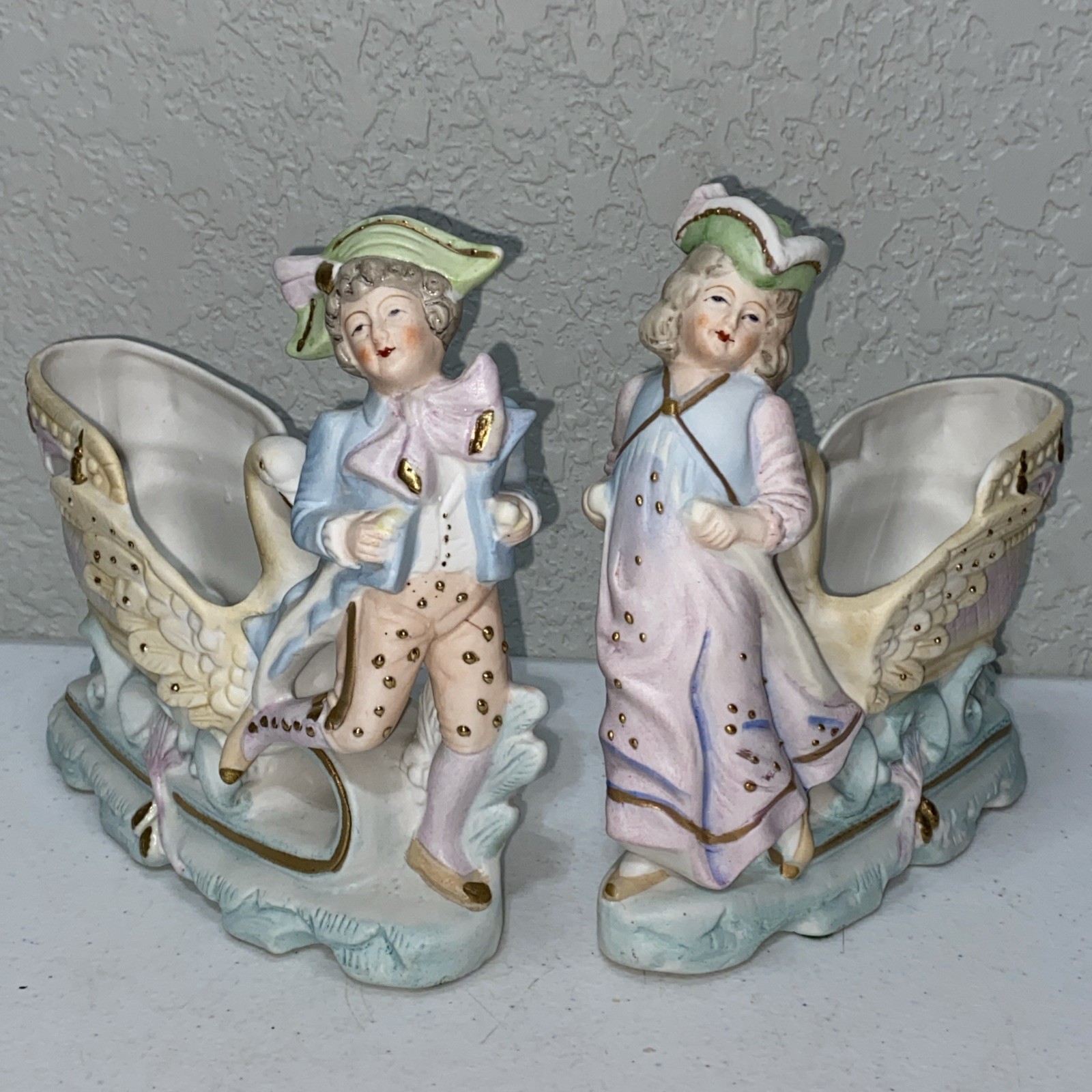 VTG Andrea S Made In Occupied Japan Couple Swan Planter Bisque Figurines Set