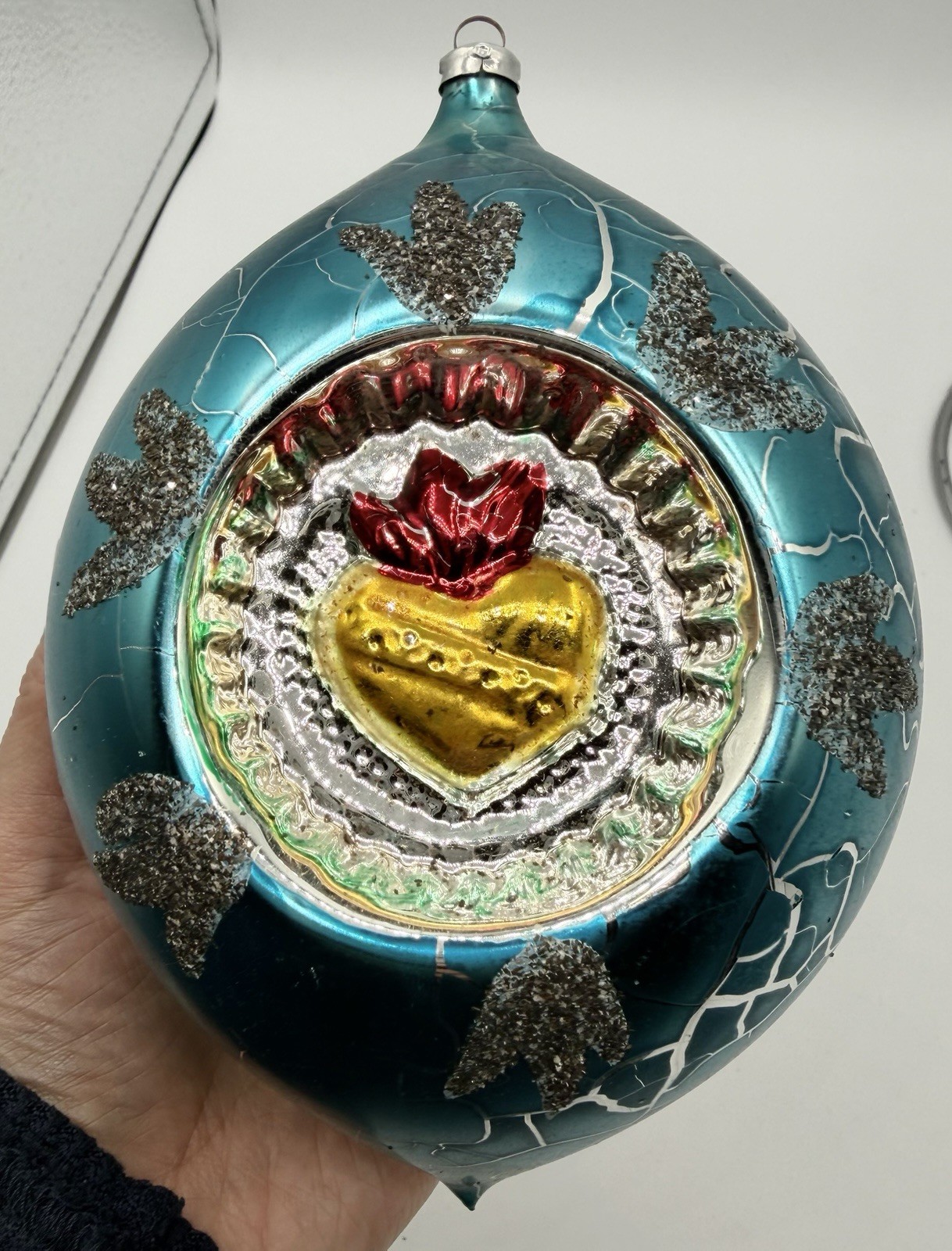 Vtg Jumbo Heart Reflector Indent Glass Christmas Drop Ornament West Germany 6”