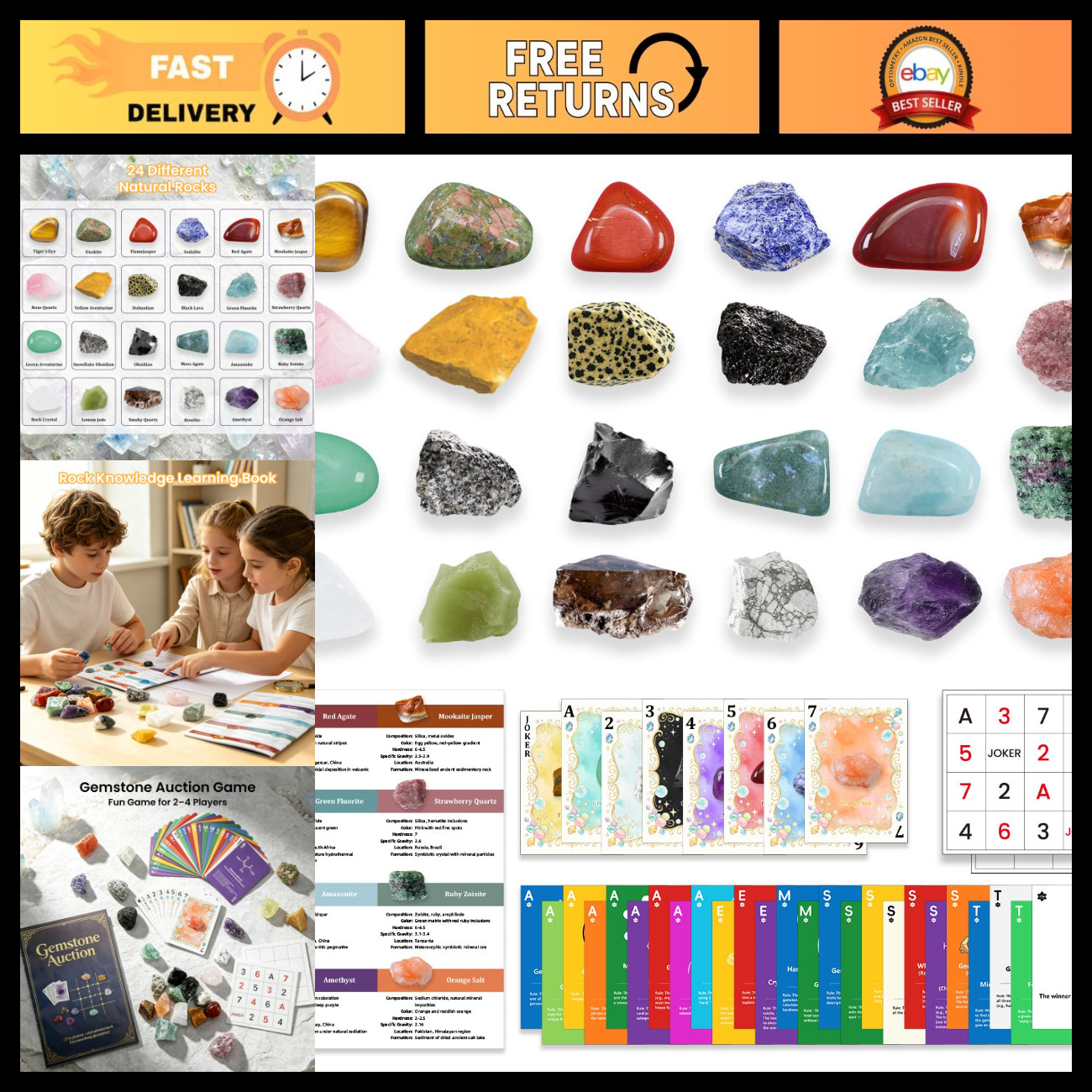 Unique Rock Collection Kit for Kids - 24 Gems, Educational Cards & Geology Book,