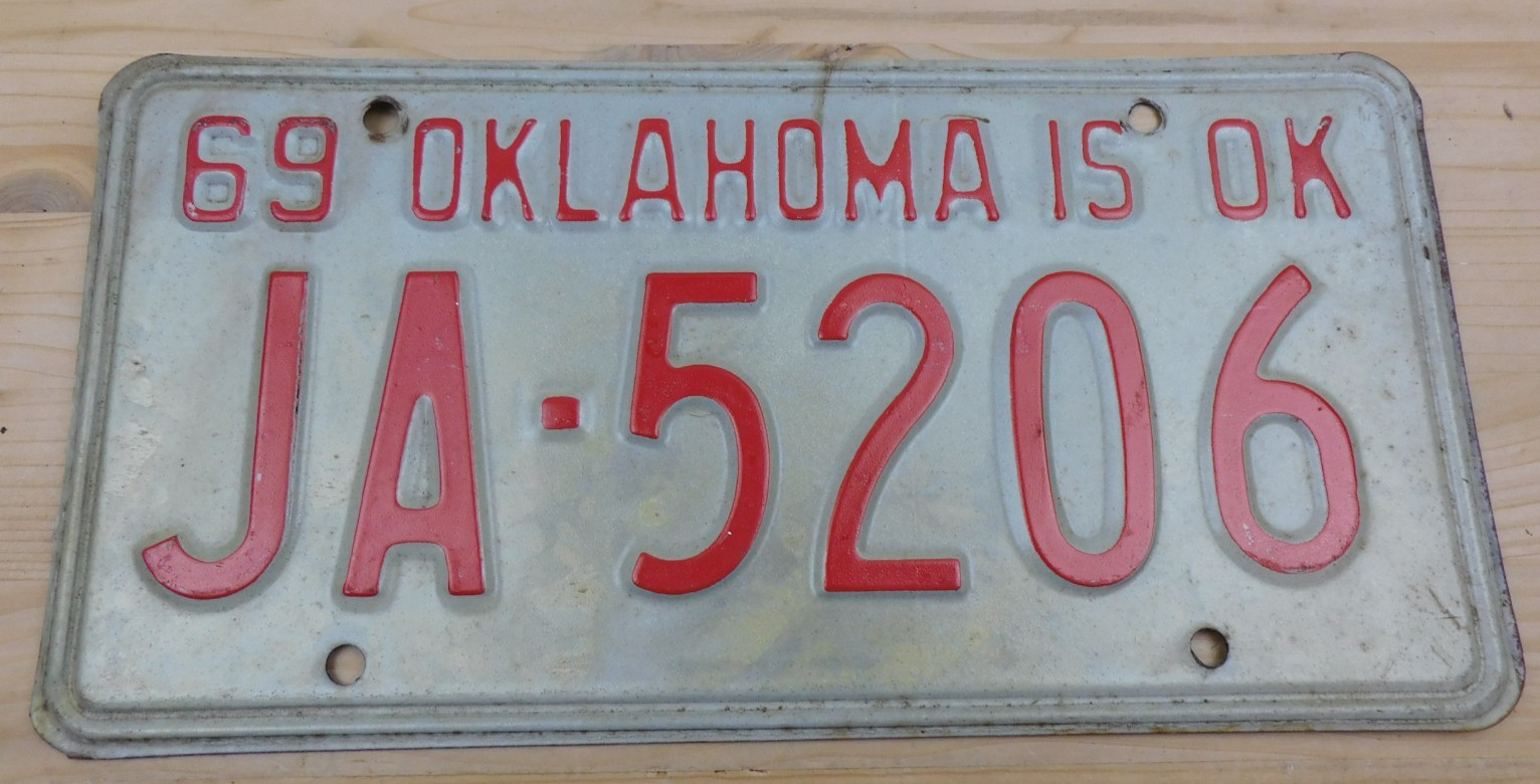 Vintage Original 1969 Oklahoma is OK License Plate Tag #JA-5206