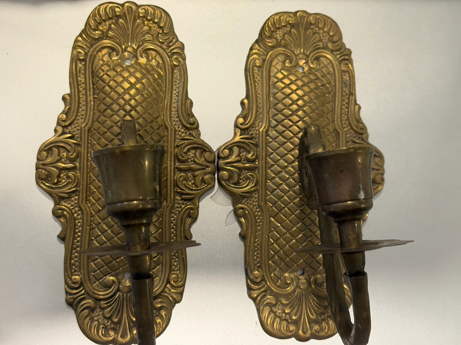Pair Antique Brass Wall-Mount Candle Sconces Ornate Scroll Backplates