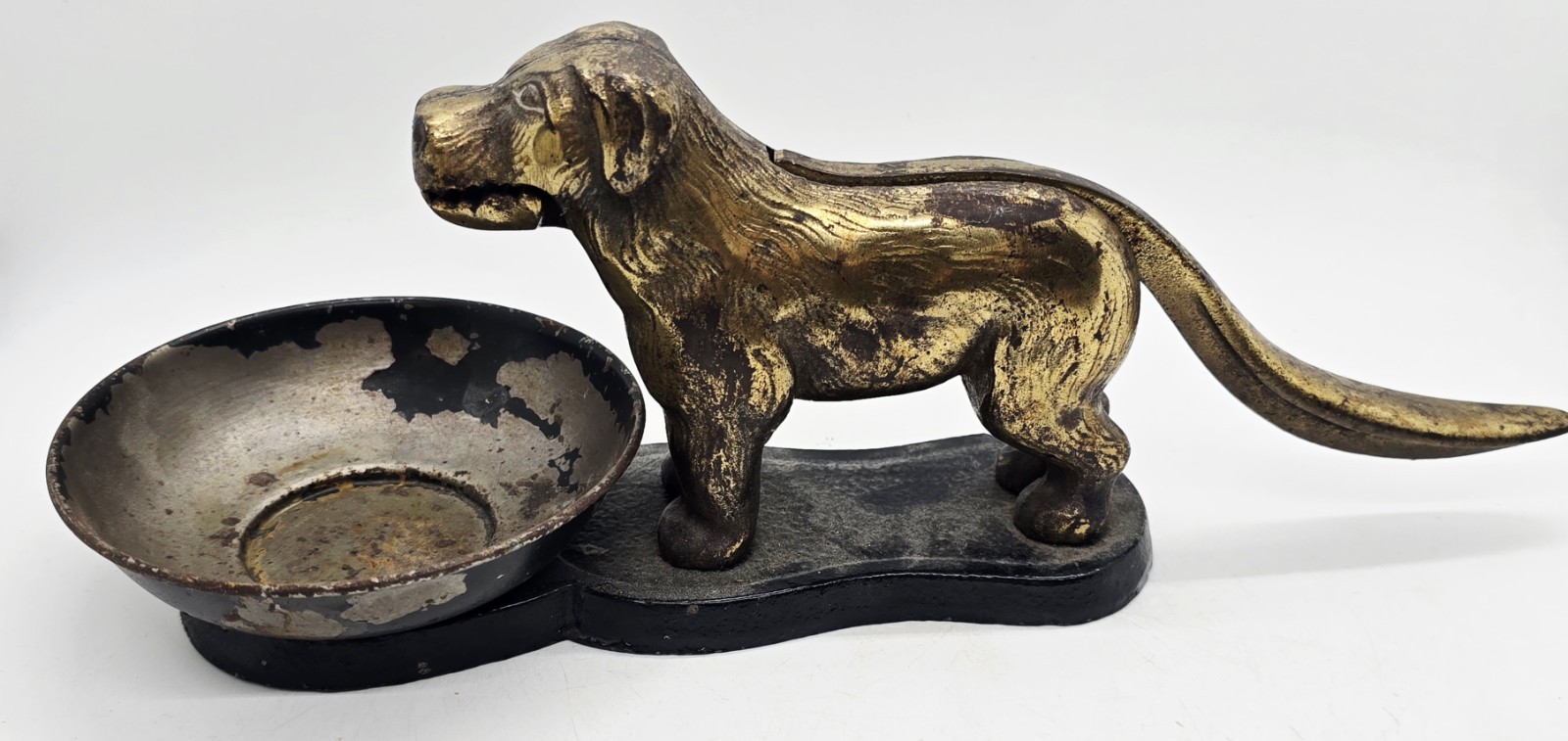 Rare Antique Or Vintage Cast Iron Brass Figural Dog Nutcracker & Bowl