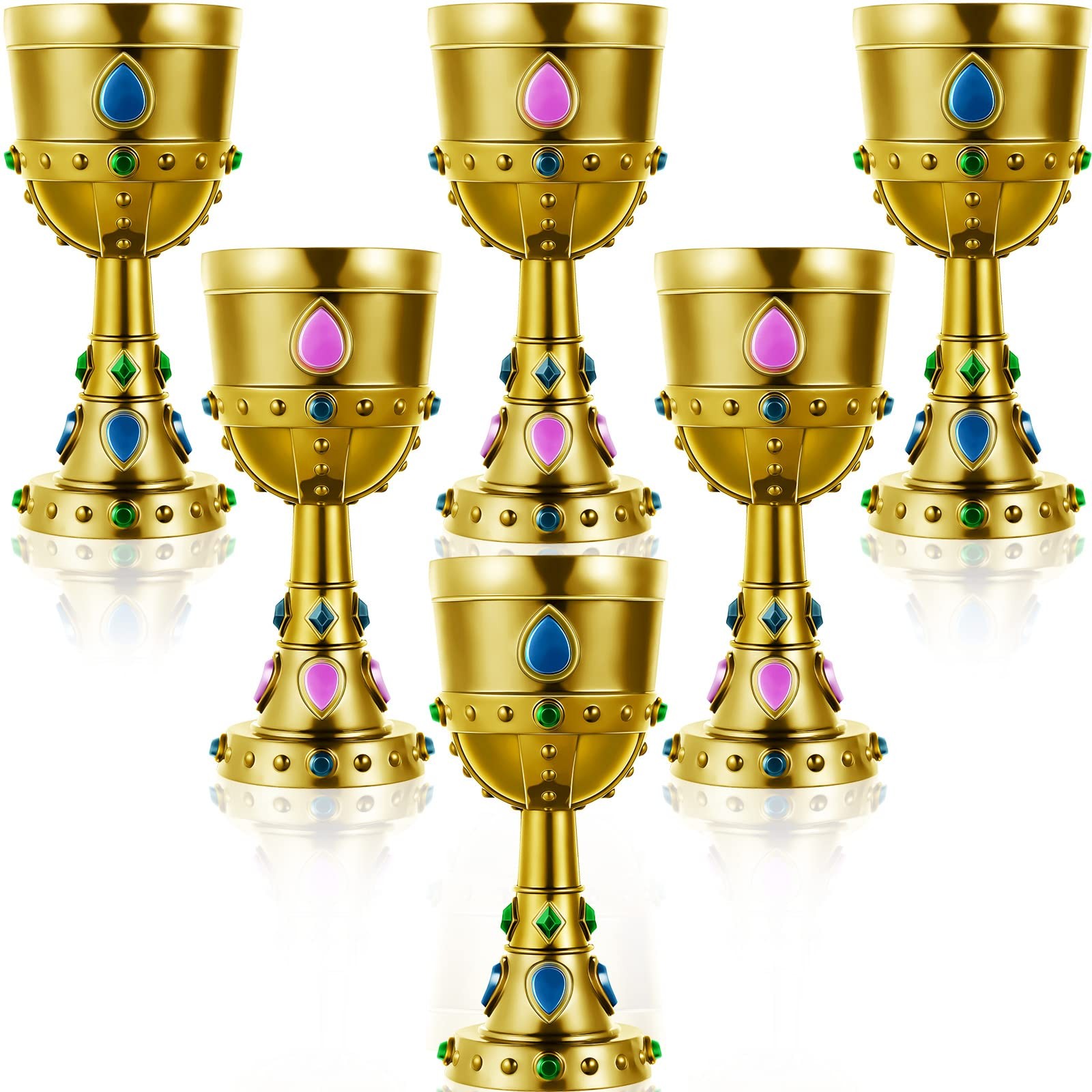Suclain 6 Pcs Medieval Molded Crown Goblets 8 oz Gold Jeweled chalice Vintage