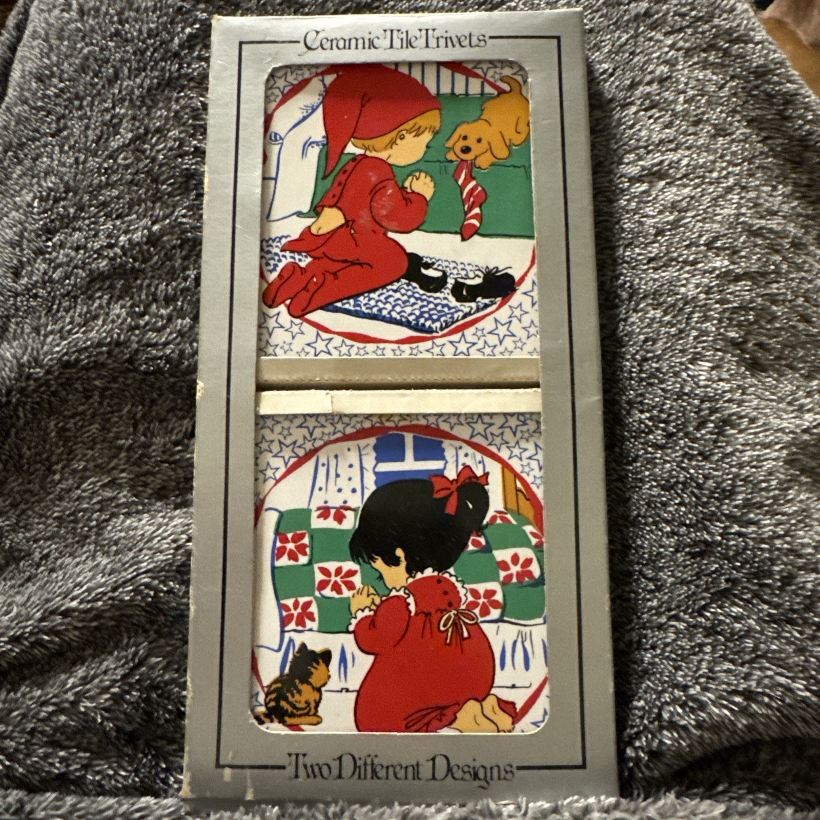 Vtg Circa 1980s Jasco Ceramic Tile Christmas Prayers Boy & Girl Trivets,in Box