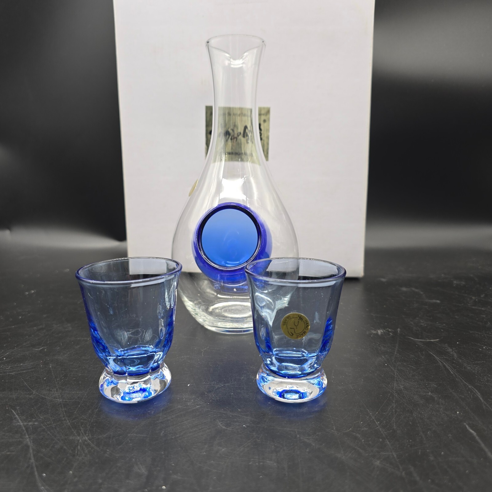 Vtg Utsuwa-No-Yakata Glass Cold Sake Set 3pc Decanter Ice Pocket 2 Cups Japan