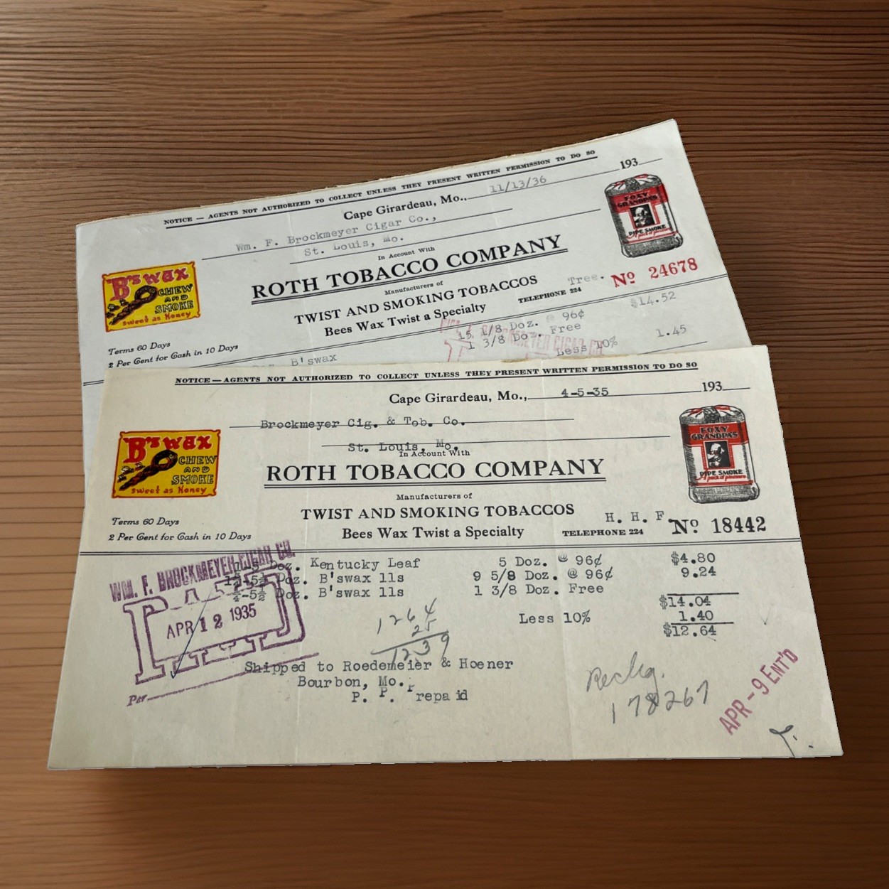 1935-36 Roth Tobacco Cape Girardeau MO Invoice Pair B Wax Foxy Grandpa sl