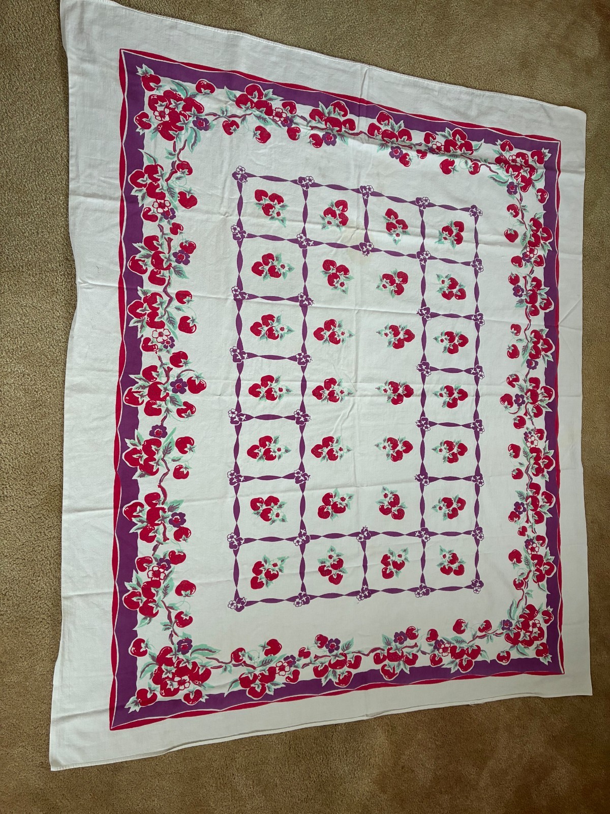 Vintage Strawberry Printed Tablecloth 52x60 ~Good Condition Vintage Strawberry Printed Tablecloth 52x60 ~Good Condition