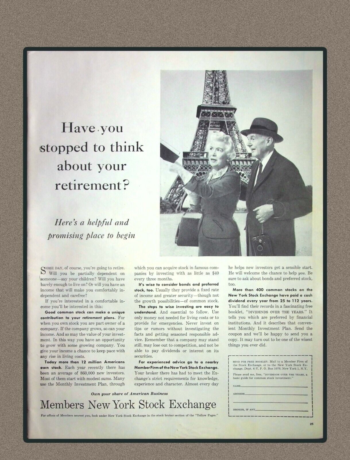 Members New York Stock Exchange retirement Eiffel Tower Vintage Print ad 1960