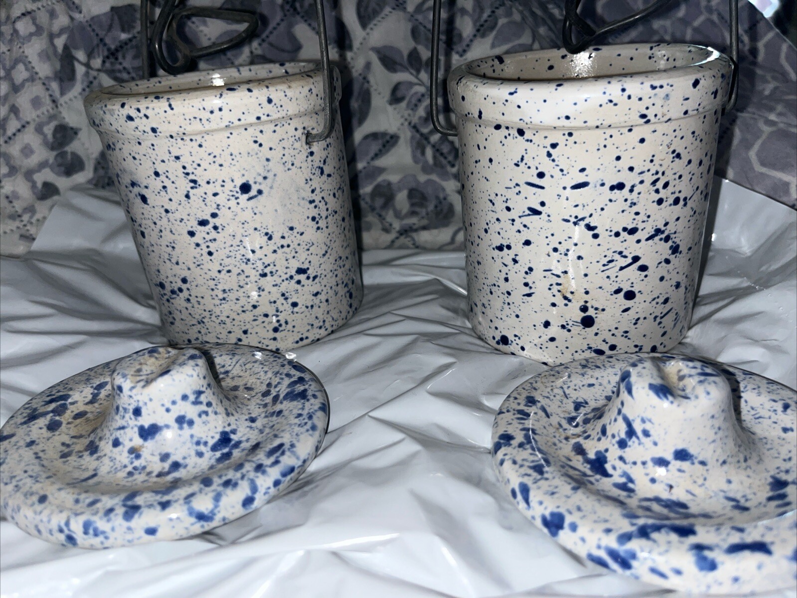 Two Vintage  Stoneware Crock Jar Container Locking Lid, 4.5\