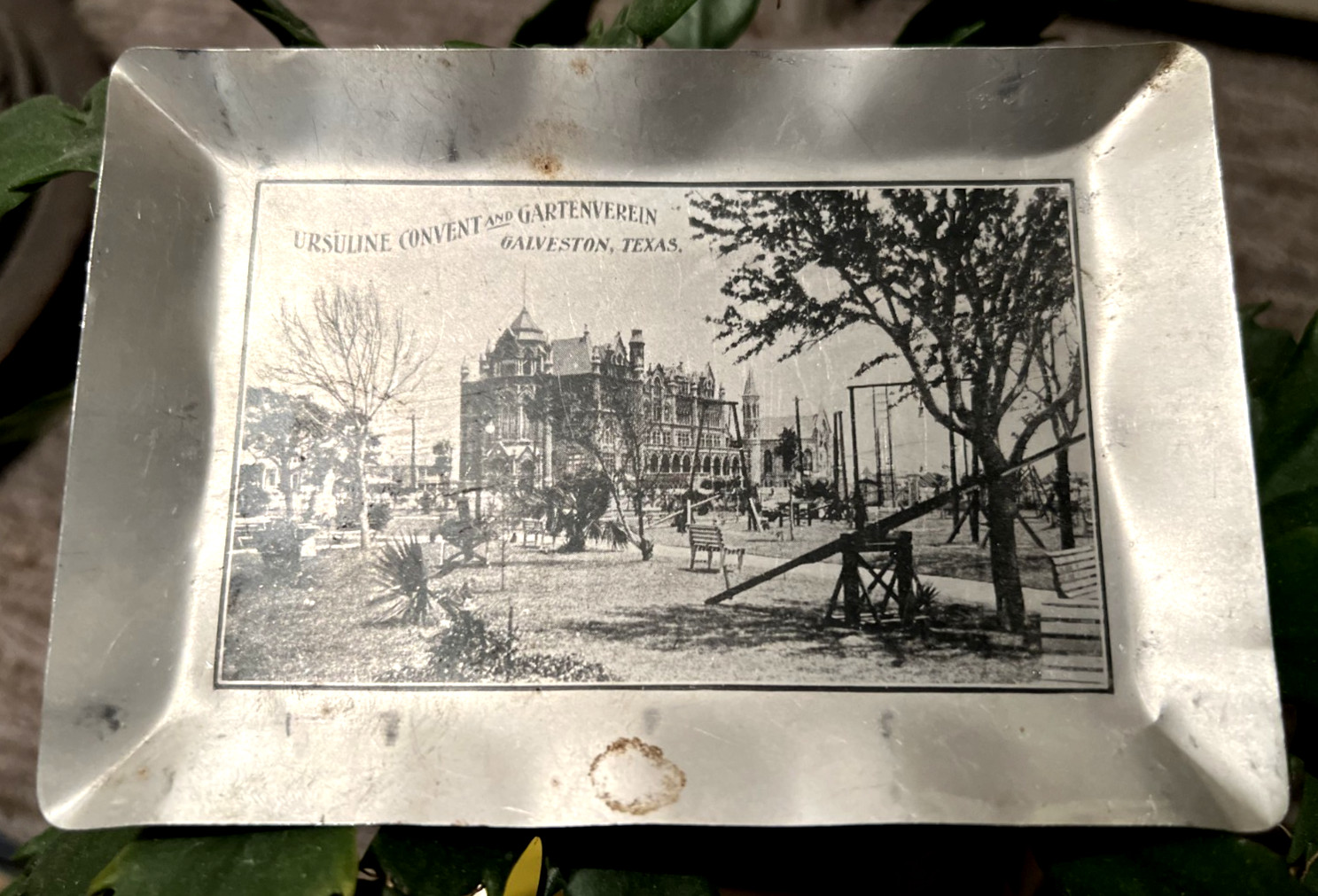 Vintage VICTORIAN ERA URSULINE CONVENT + GARTENVEREIN tray GALVESTON TX aluminum
