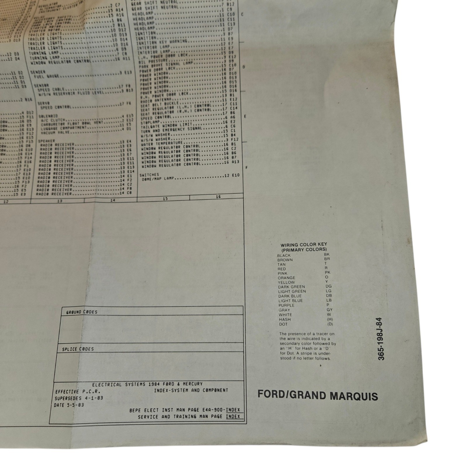 Ford VTG 1984 Grand Marquis Electrical Systems Manual Index White Sz 11x8.5