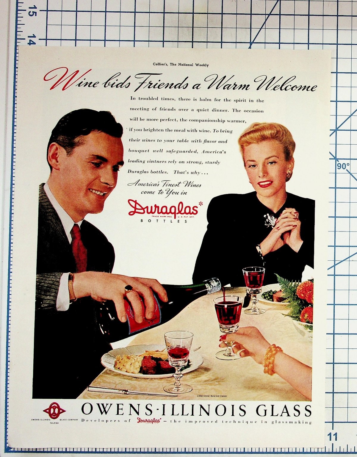Vintage Owens-Illinois Duraglas Wine Bottle Ad Collier's Magazine 1940s-50s