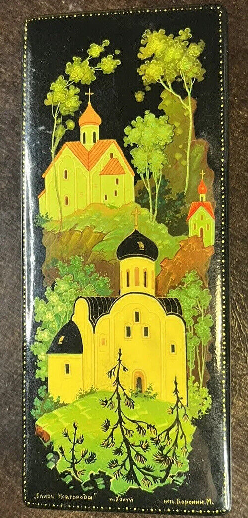 USSR Handpainted Black Lacquer Box City Church 6x2.5” Vintage Signed