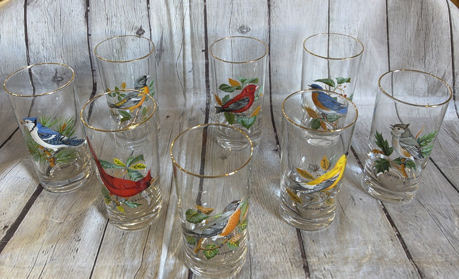 Vintage Bird Drinking Glasses Set of 8 Gold Rim Cardinal Blue Jay Oriole Cups