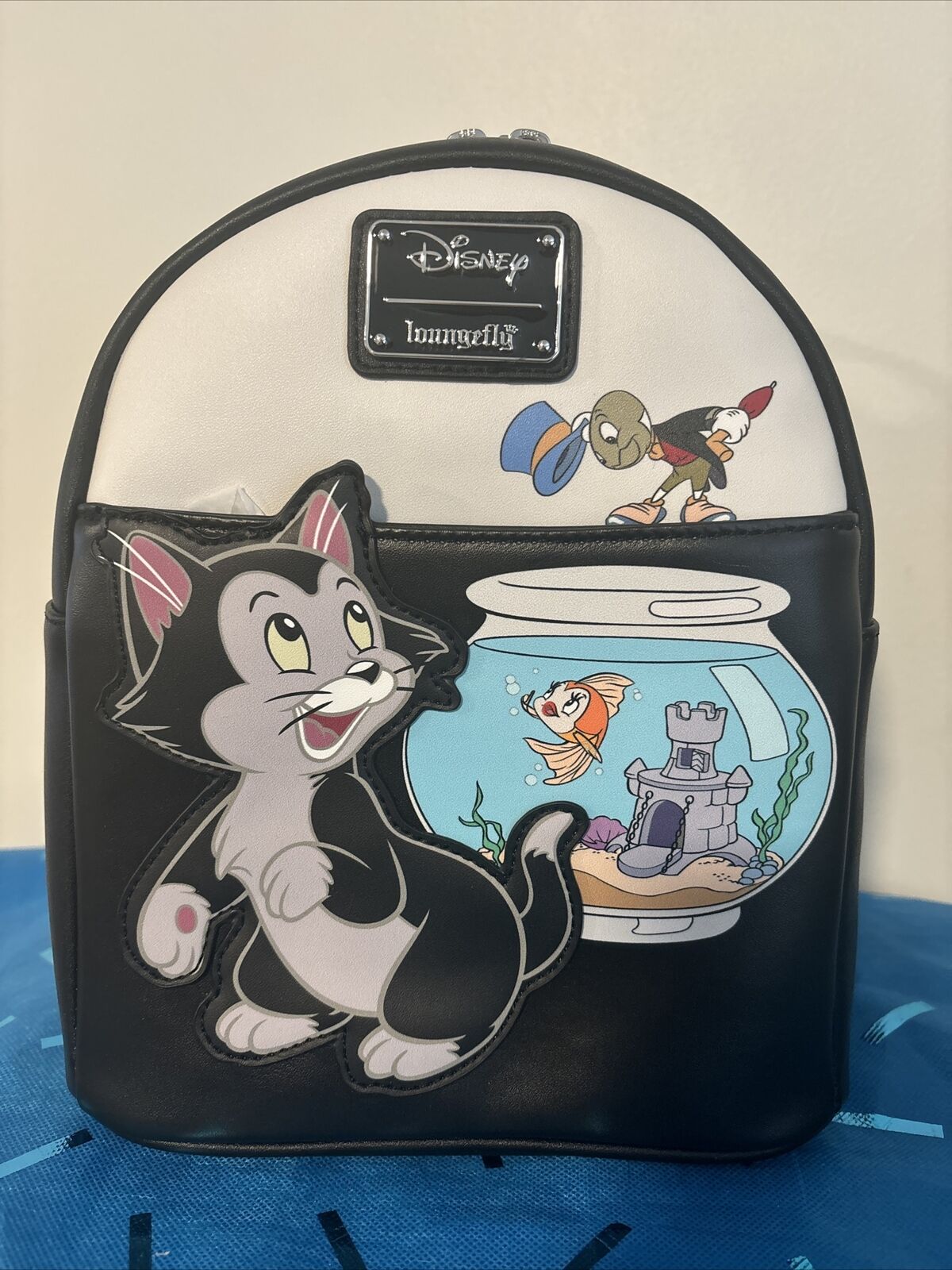 Rare-Loungefly Disney Pinocchio Figaro Cat & Fish Jiminy Cricket Mini Backpack