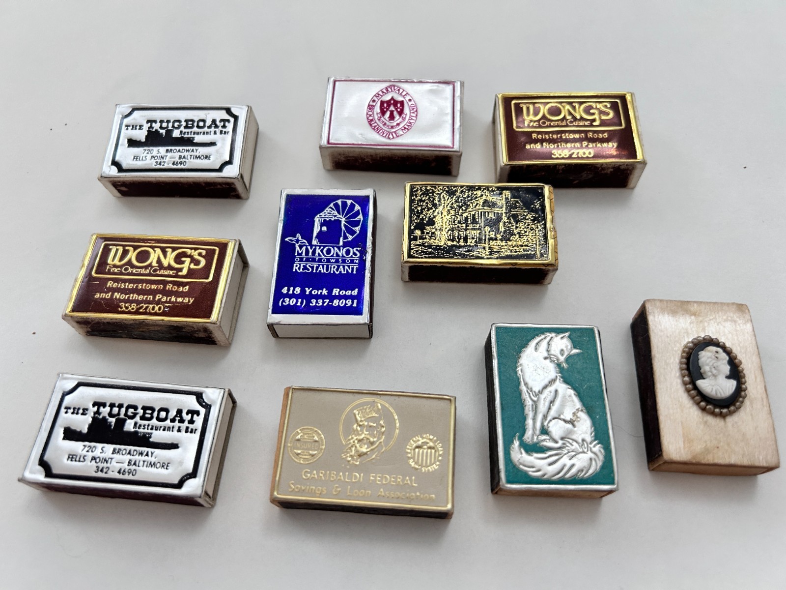 10 Vintage Metallic Matchboxes Matchbooks, Ring Boxes Wooden Matches 50s-70s