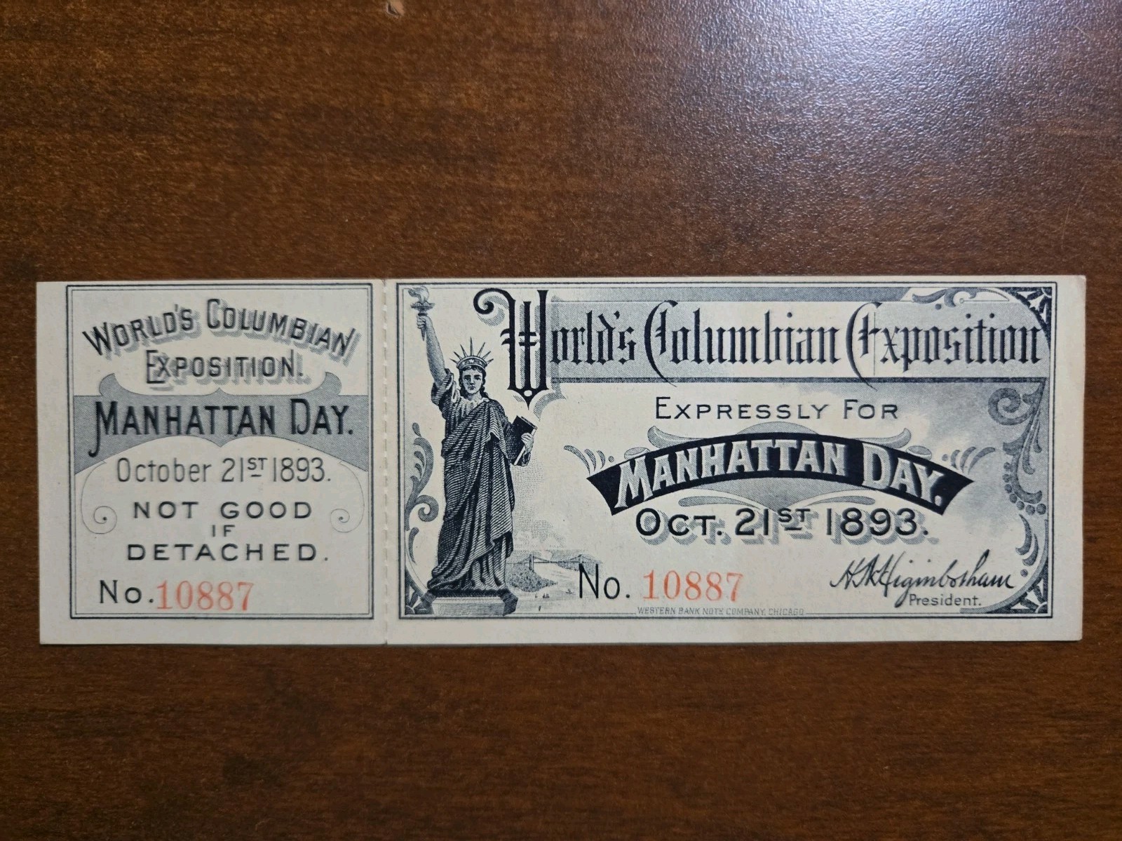 1893 World's Columbian Exposition Chicago MANHATTAN Admission Ticket #10887