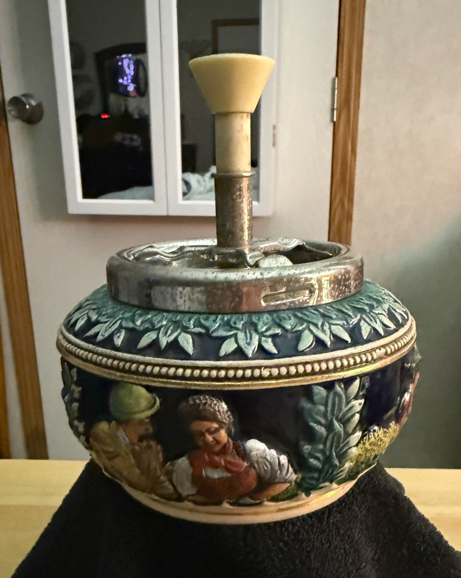Vintage Western Germany Push-Top Spinning Tobacco Jar w/ Metal Lid, Relief Vintage Western Germany Push-Top Spinning Tobacco Jar w/ Metal Lid, Relief