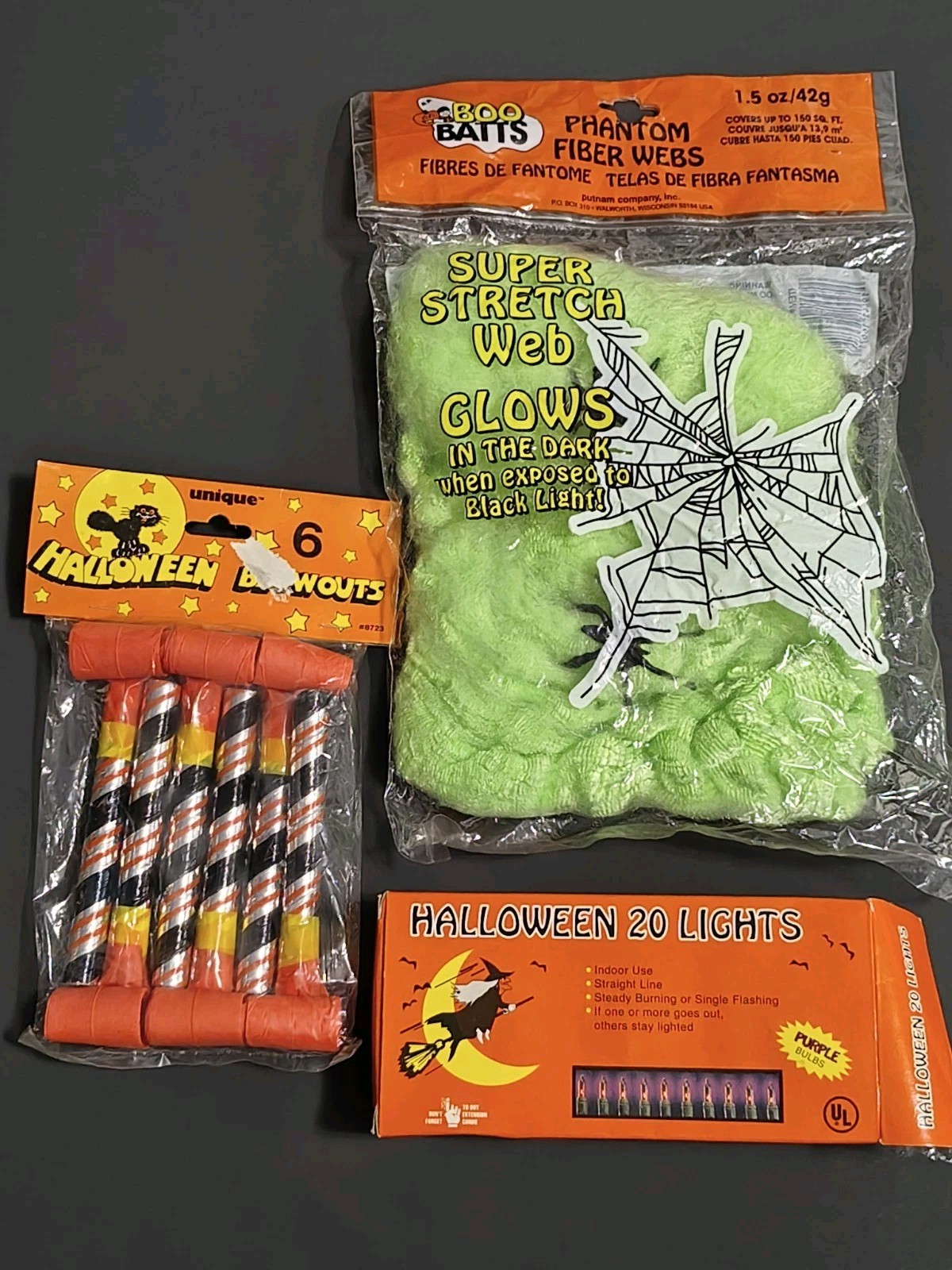 VTG Lot Glowing Spider Webs, Blowouts & Lights NEW/OPENED Halloween Decor VTG Lot Glowing Spider Webs, Blowouts & Lights NEW/OPENED Halloween Decor