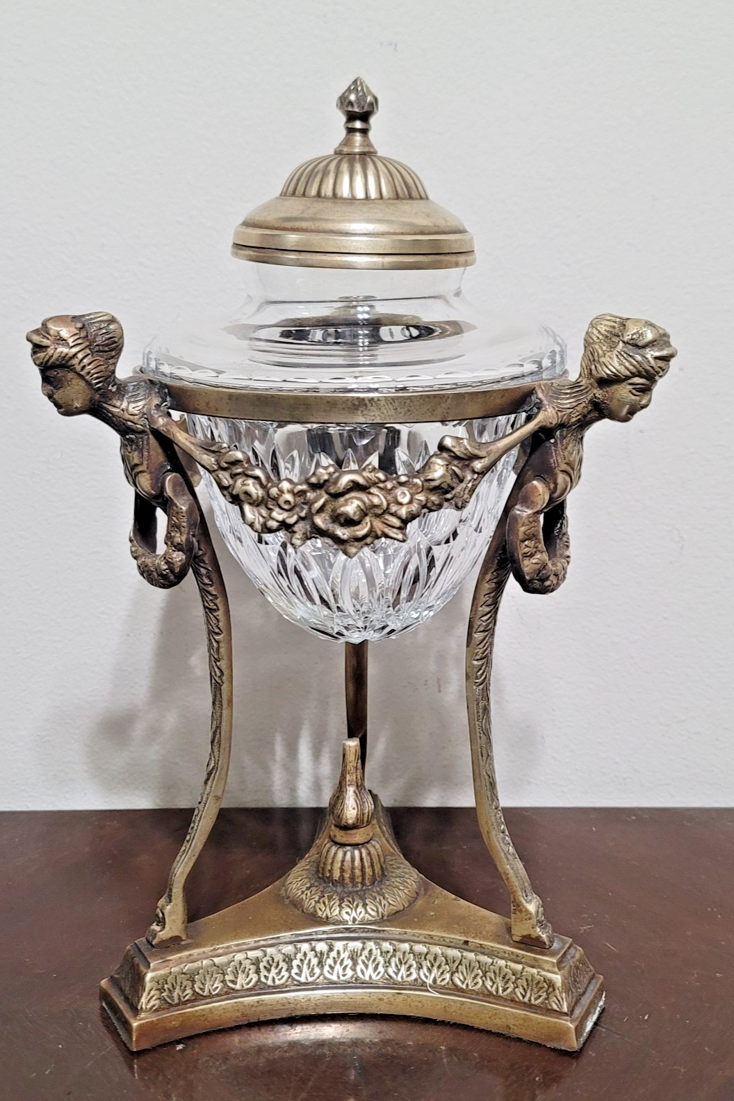 VINTAGE CASTILIAN IMPORTS POLONIA CRYSTAL JAR W/ ORNATE BRASS STAND URN