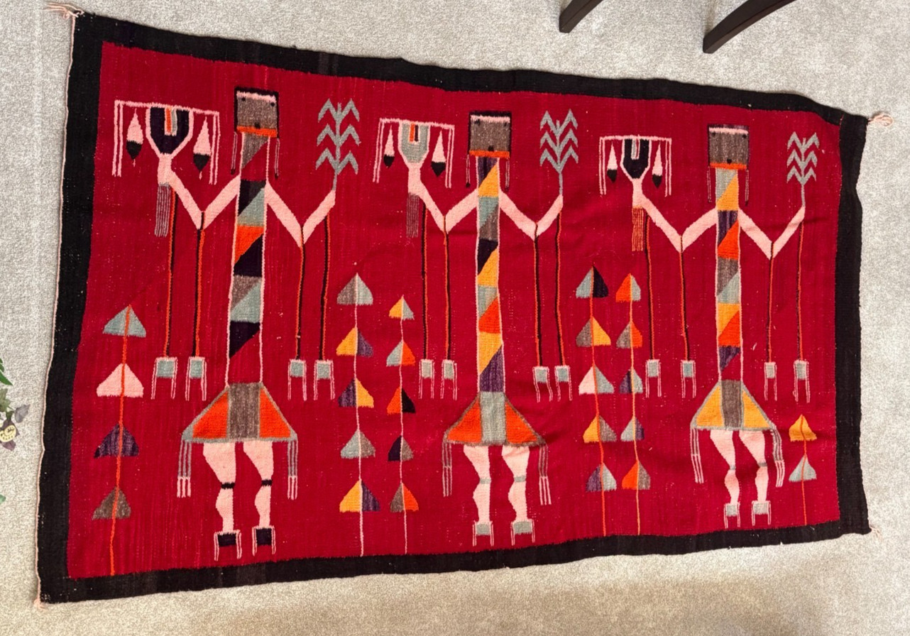 Vintage Navajo Three Figure Yei Rug 46x77 inch Wool Weaving Red