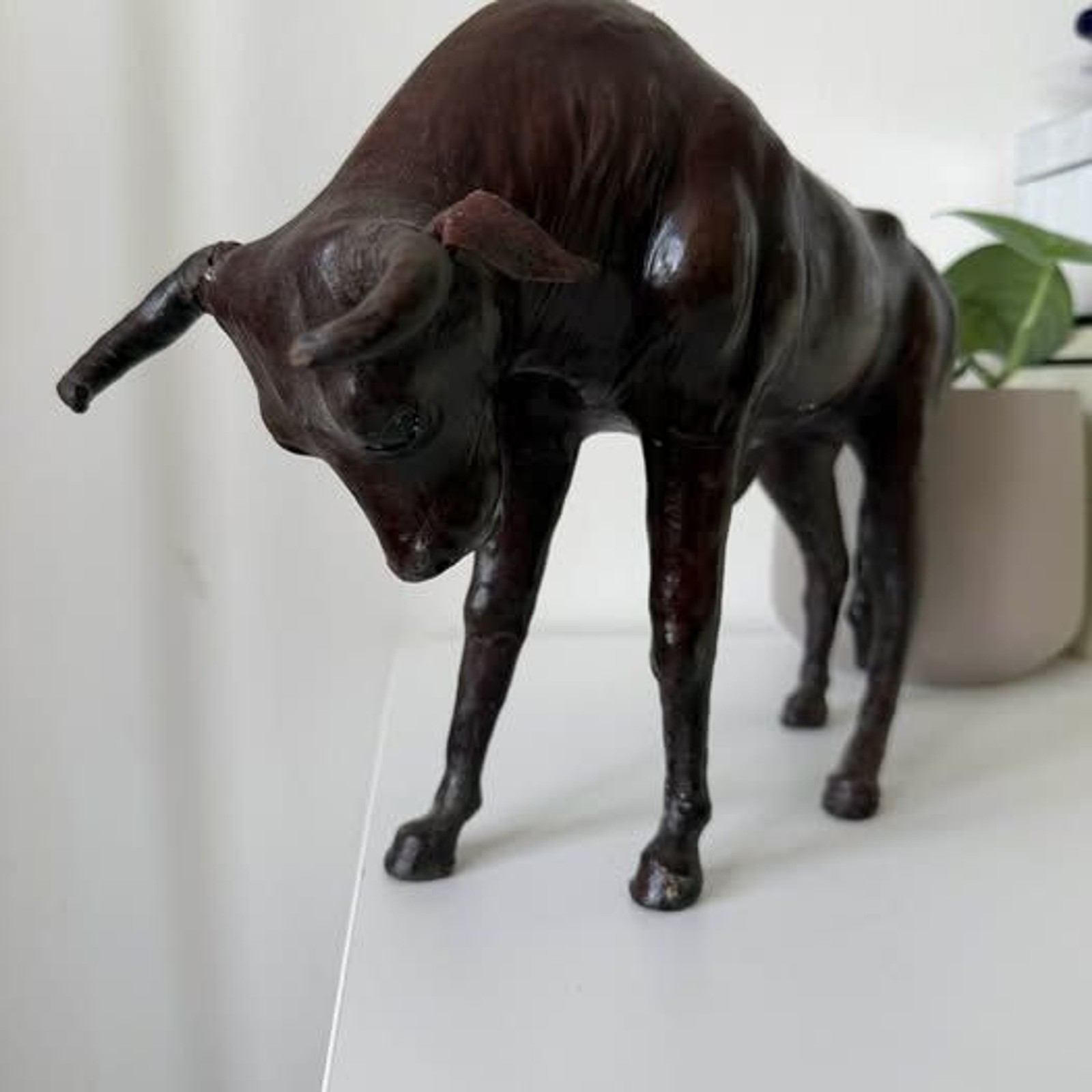 Vintage Leather Wrapped Bull Figurine Rustic Animal Sculpture