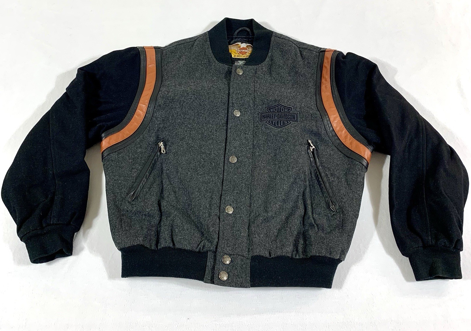 Vintage 90’s Harley-Davidson Wool Jacket Leather Sleeves Gray/Black Quilted LRG