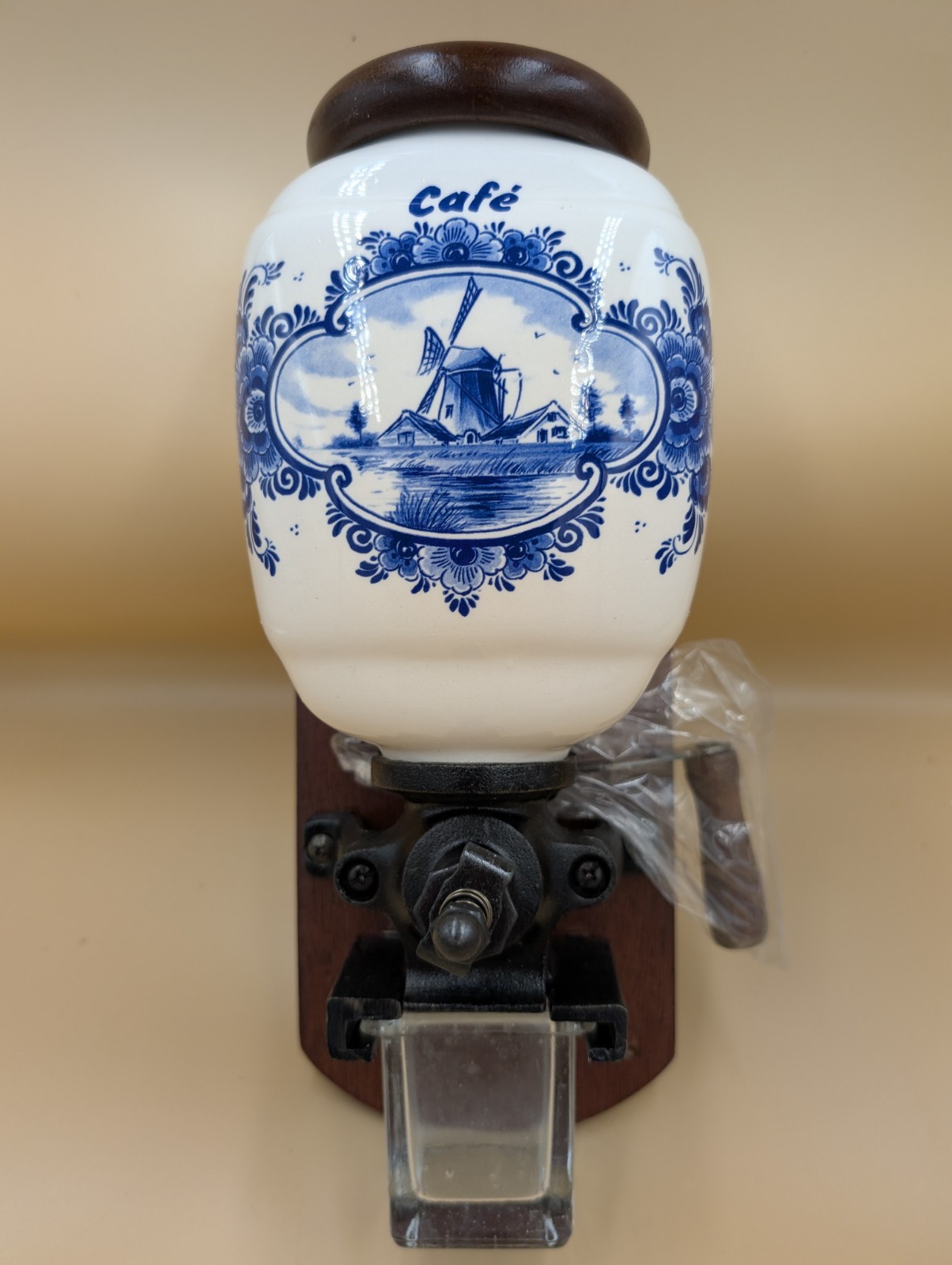 Vintage White Blue Delft Dutch Coffee Grinder Wall Mount Windmill Manual Ceramic