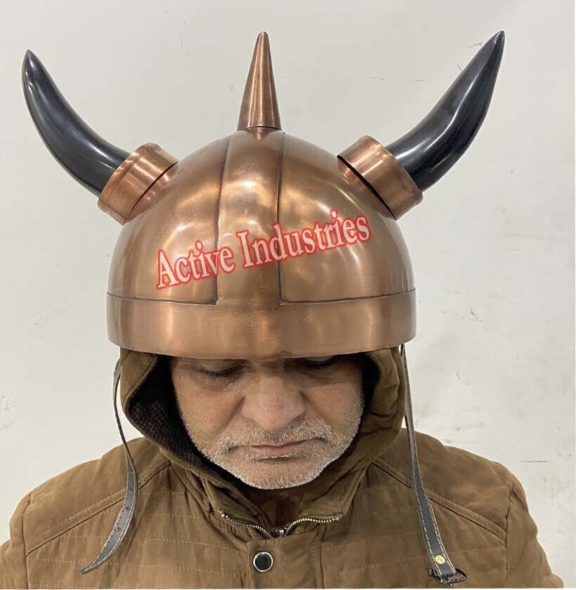 Medieval Copper Antique Viking Warrior Helmet with Horns Coplay Theater Party.