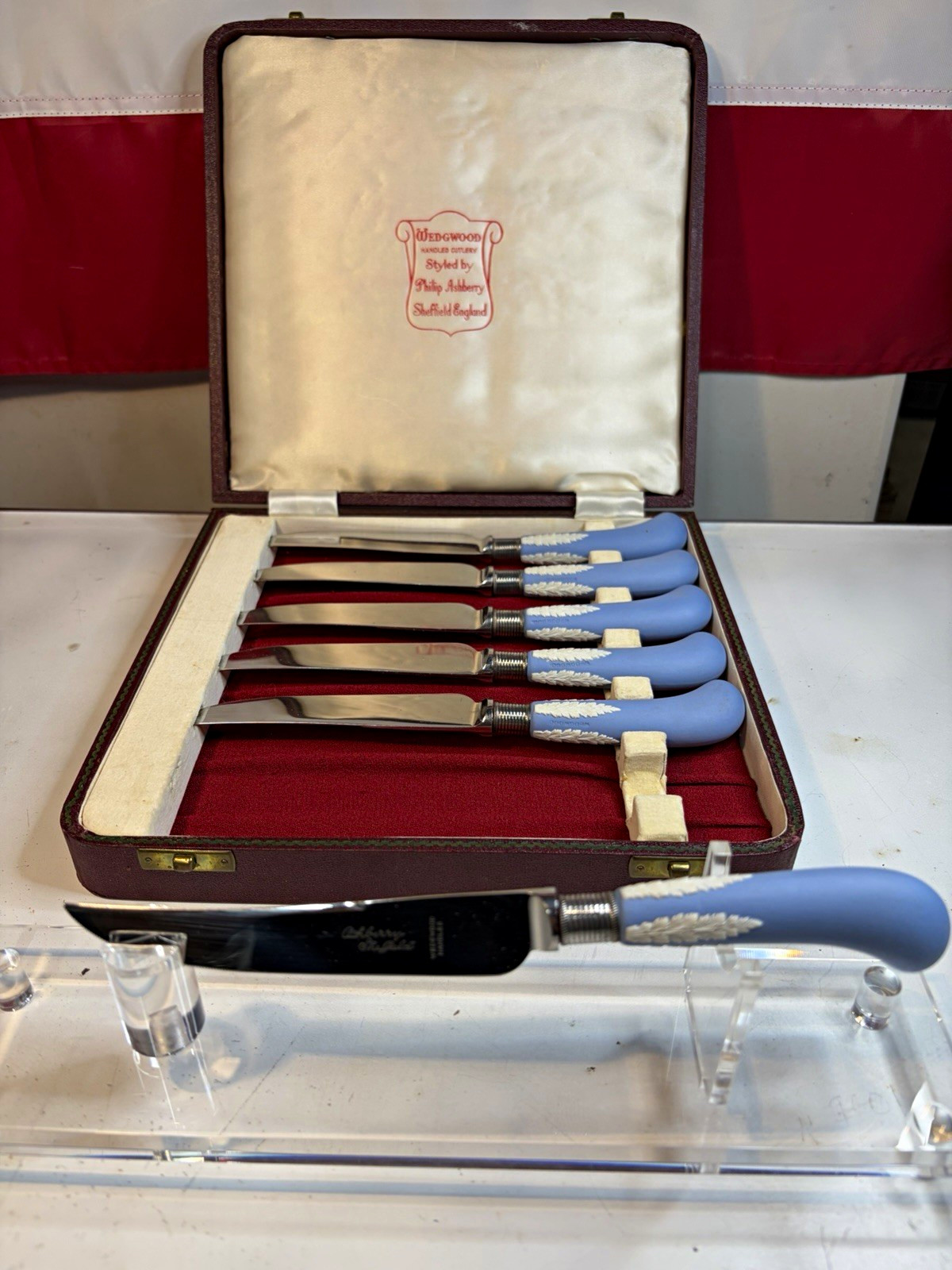 Vintage Set 6 Wedgwood Blue Jasperware Handle Knives Philip Ashberry Sheffield