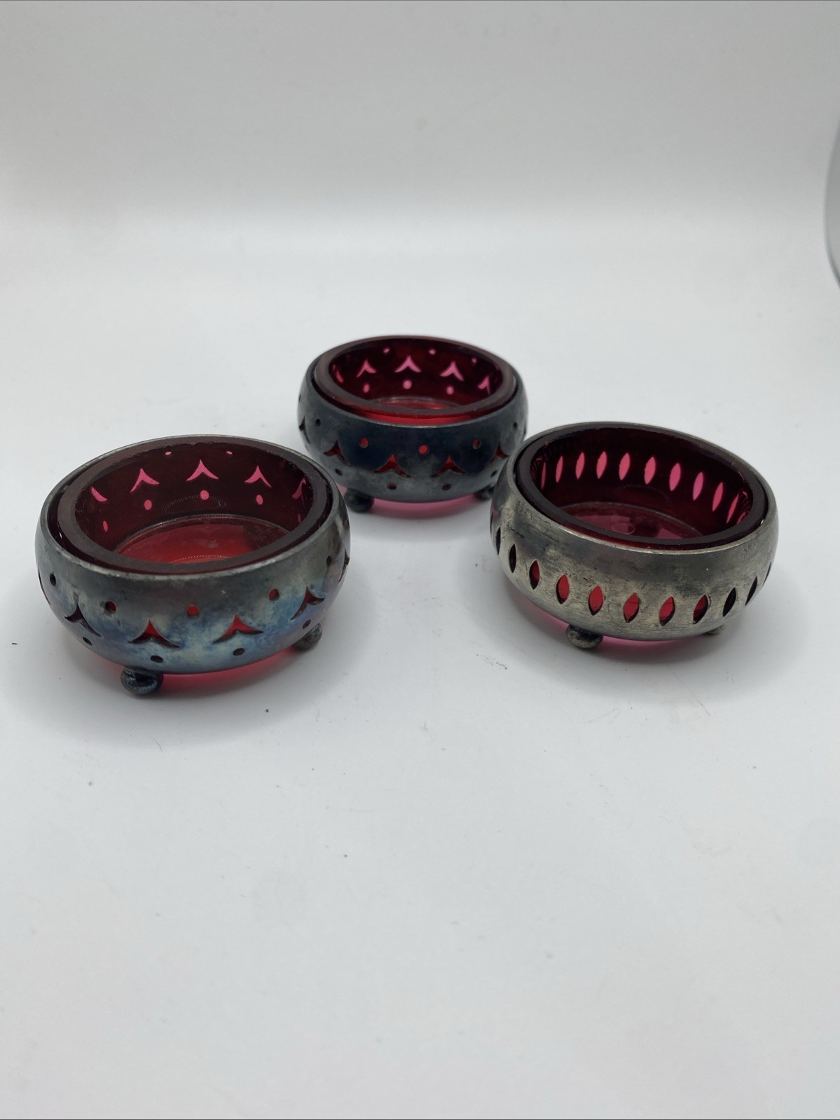 Victorian Czech Glass Cranberry Round Salt Dip in Metal Frame c.1890 Set Of 3