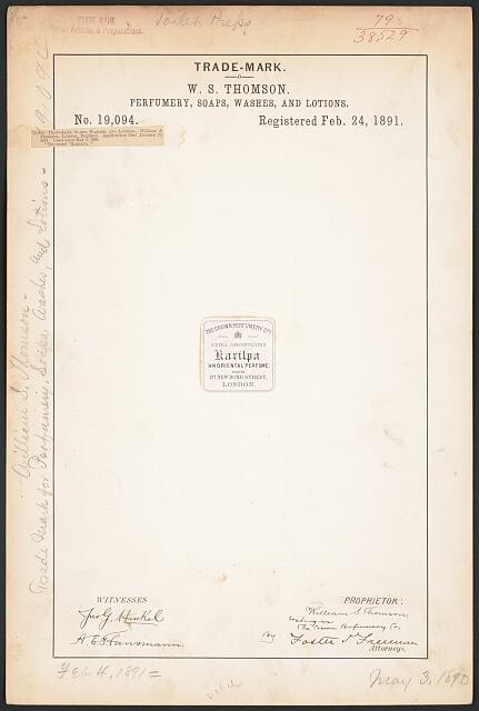 W S Thomson Karilpa Trademark Registration 1891 Perfume Soaps Lotions