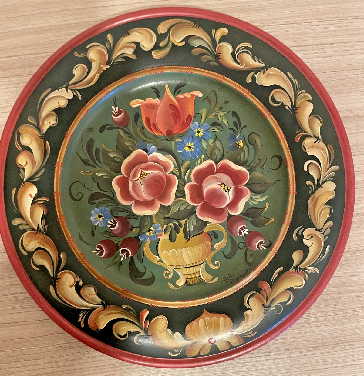 SIGNED Vintage Norwegian Rosemaling Hand-Painted Wood Plate Nordic Folk Art 12
