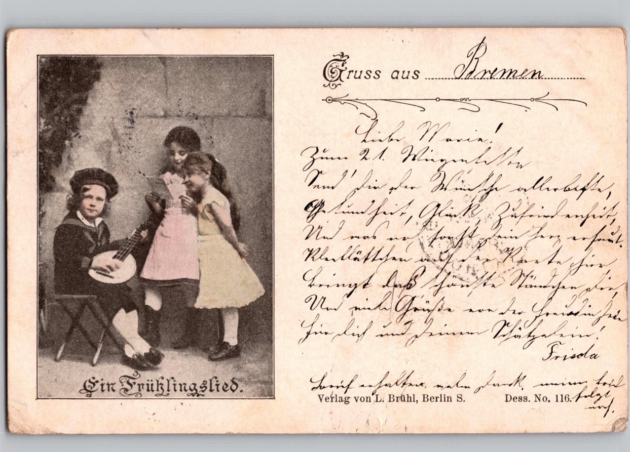 c1905 Children Playing Lute Gruss aus Bremen Germany UDB Reichspost Postcard c1905 Children Playing Lute Gruss aus Bremen Germany UDB Reichspost Postcard