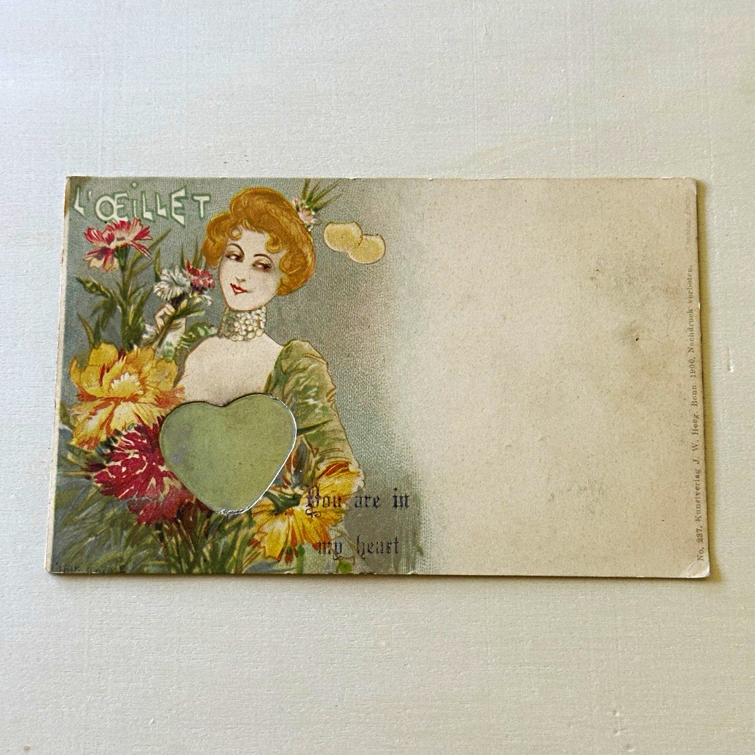 Vintage Art Nouveau Novelty Mirror Card L'Oeillet Heeg Bonn Germany 1900 Vintage Art Nouveau Novelty Mirror Card L'Oeillet Heeg Bonn Germany 1900