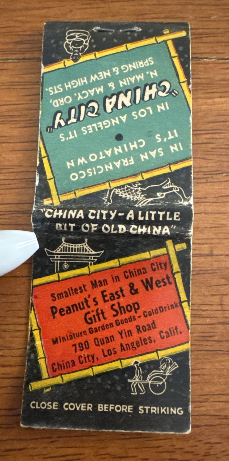 Vintage 1930-40s Matchbook China City LA Peanut’s Gift Shop 790 Quan Yin Road