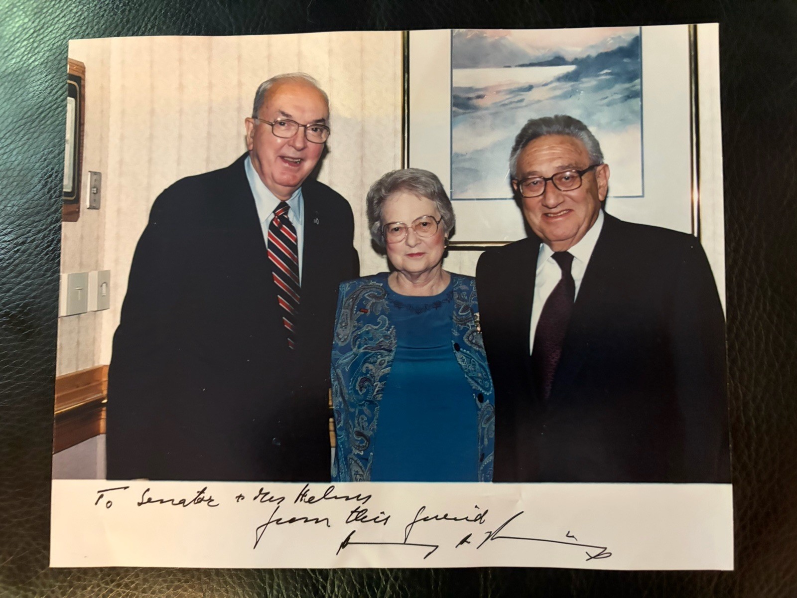 Hand SIGNED Henry Kissinger 8x10 Photo  With Senator Helms & Mrs. Helms