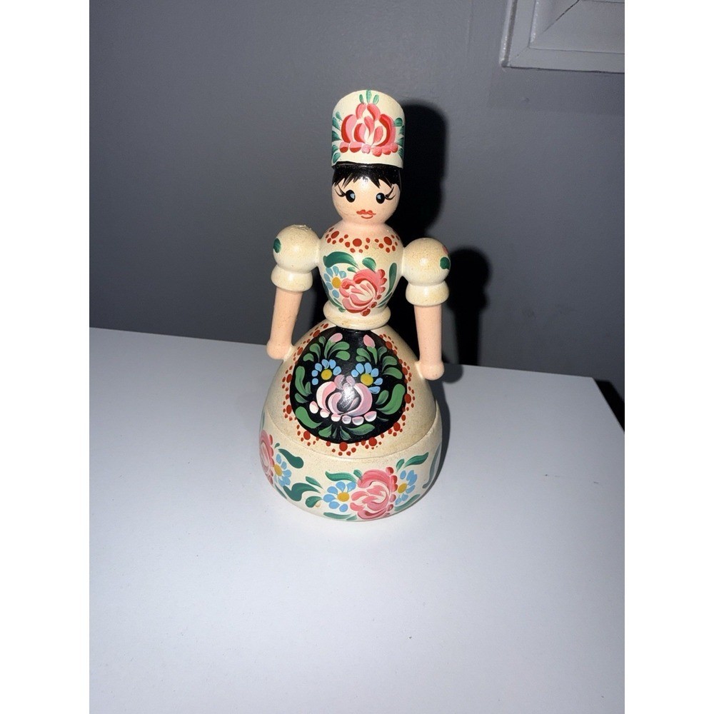 Original Vintage Hungarian Folk Art Costume Wooden Doll Hand Painted Trinket Box