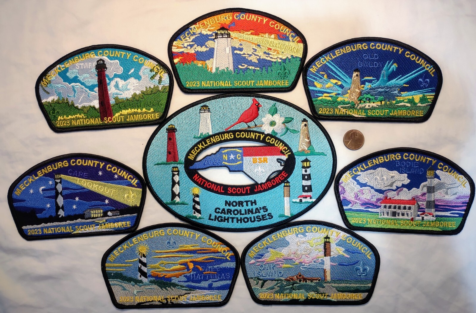 BSA MECKLENBURG COUNTY 459 OA 2023 JAMBOREE 8-PATCH NORTH CAROLINA LIGHTHOUSES