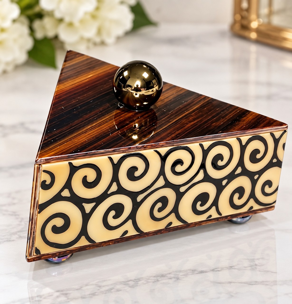 Vintage R&Y Augousti Paris Art Deco Triangular Bamboo Inlay Mirrored Vanity Box
