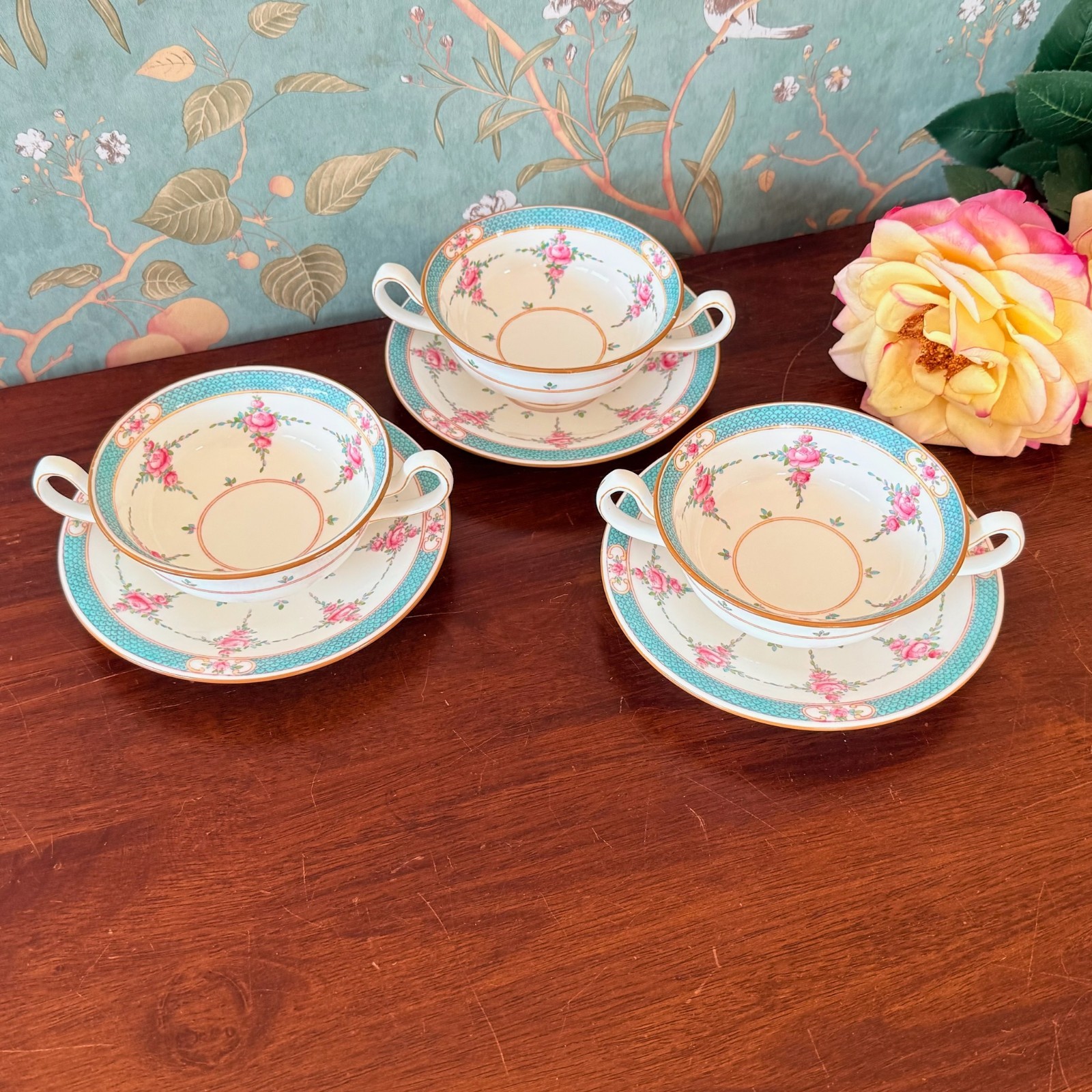 Minton Persian Rose Cream Soup Cup & Saucer Sets Lot of 3 Vintage English China